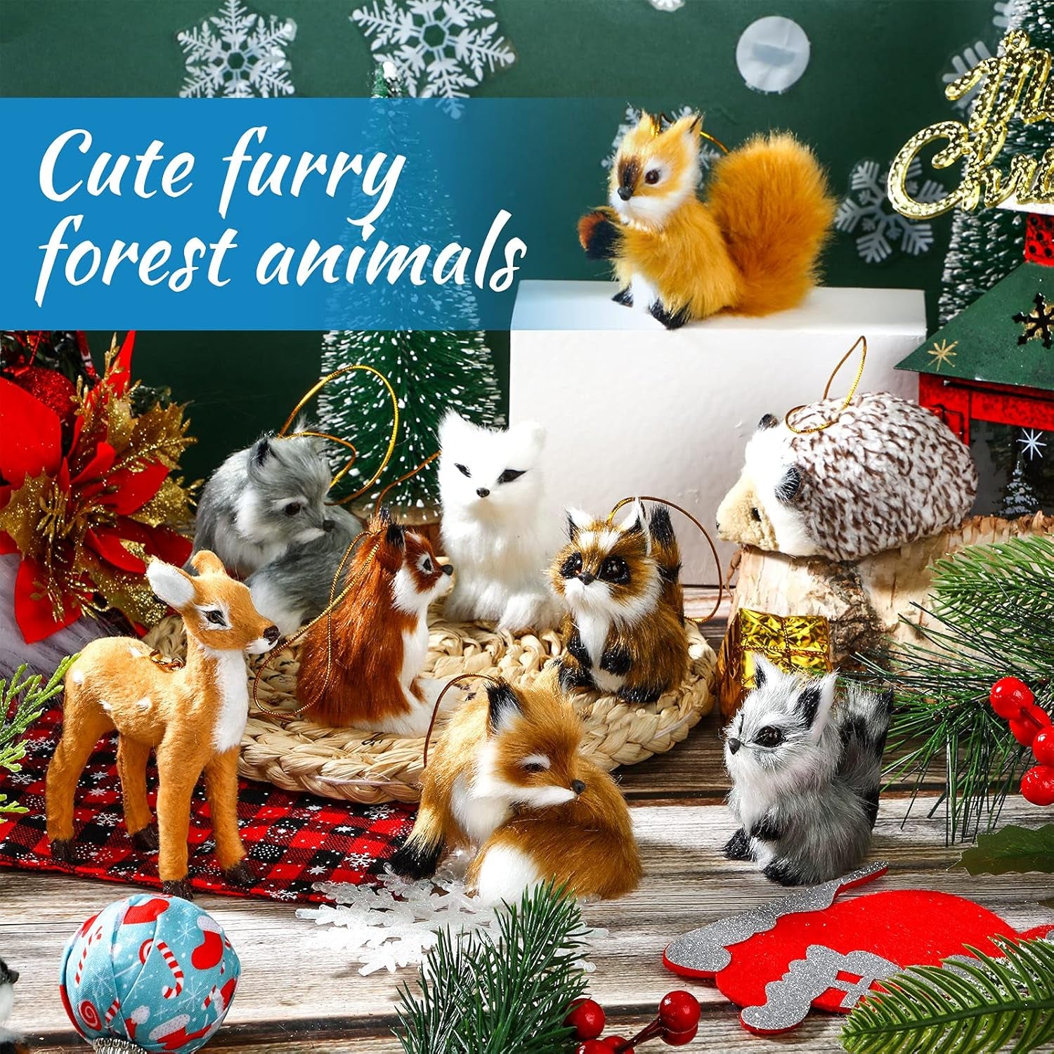 15 Pieces Animal Ornaments, Woodland Faux Fur Animal Hanging Ornament Bulk Plush Simulation Animal Fall Christmas Tree Ornaments for Home Backpack Party Holiday Decoration(Various Animals)