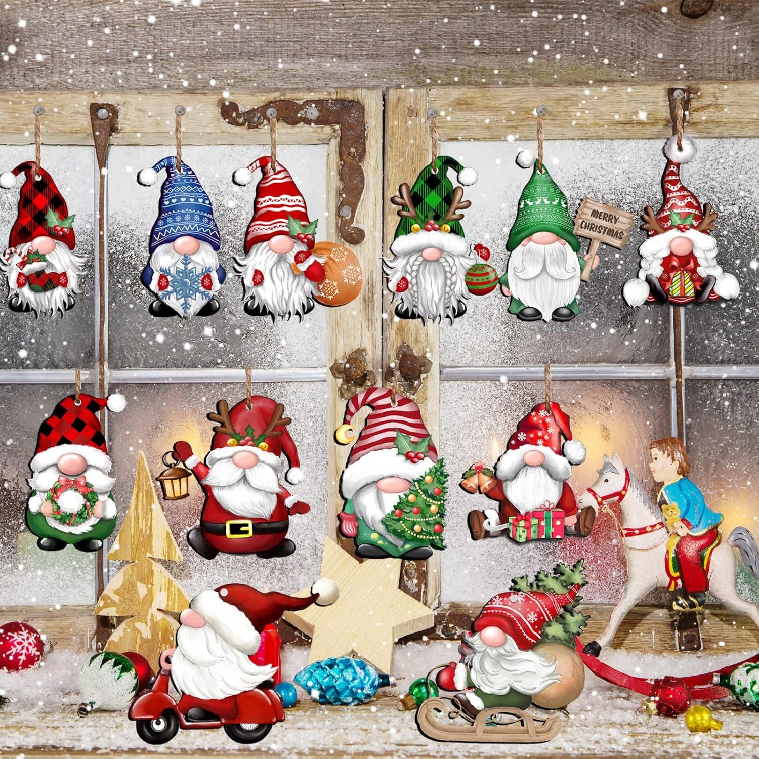 24 Pieces Christmas Gnome Wooden Hanging Ornaments, Wood Hanging Decor for Christmas Tree Decoration Gnome Santa Doll Wooden Hanging Craft Gnome Elf Party Supplies