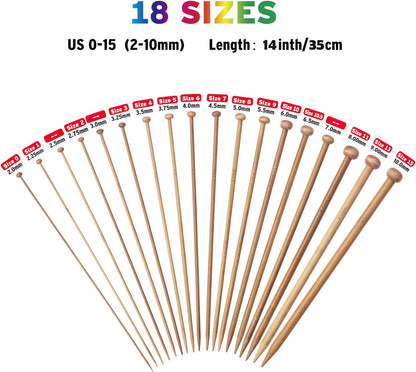 14 Inch Single Point Bamboo Knitting Needles Set for Beginners, 18 Pairs US Size 0-15 (2.0-10.0Mm) Straight Wooden Knitting Needles, Long Wood Needles Prefect for Sweaters, Socks, Shawl and Scarf