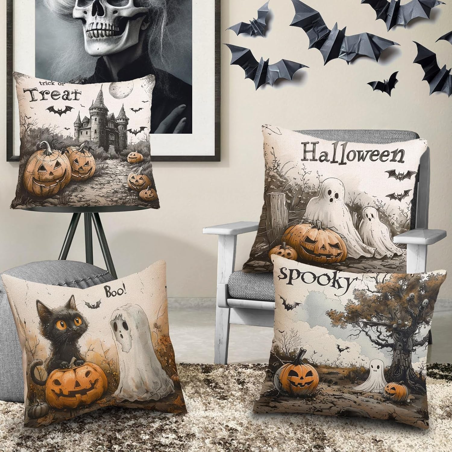 Halloween Pillow Covers 18X18 Set of 4, Boo Throw Pillow Coves Trick or Treat Ghost Evil Pumpkin Home Decor for Pillow Case Happy Halloween Cushion Case for Sofa Couch