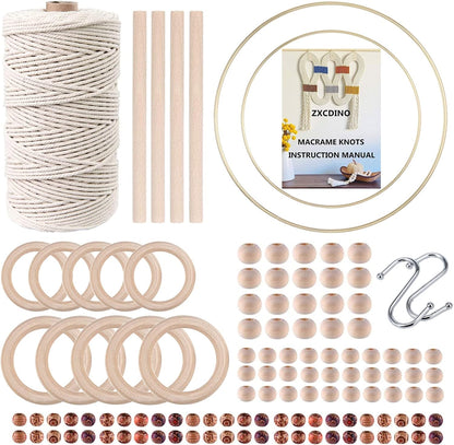 152Pcs Macrame Kits for Beginners 3Mm X 220Yards Natural Cotton Macrame Cord with Wooden Beads,Wooden Rings,Wooden Sticks,Metal Rings Macrame Supplies Best for Macrame Plant Hanger