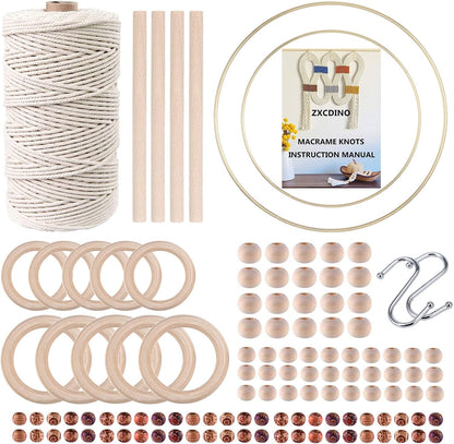 119Pcs Macrame Kits for Starter 3Mm X 109Yards Natural Cotton Macrame Cord with 100Pcs Wooden Beads,10Pcs Wooden Rings,Wooden Sticks,Metal Rings,S Hooks Macrame Supplies for Plant Hangers
