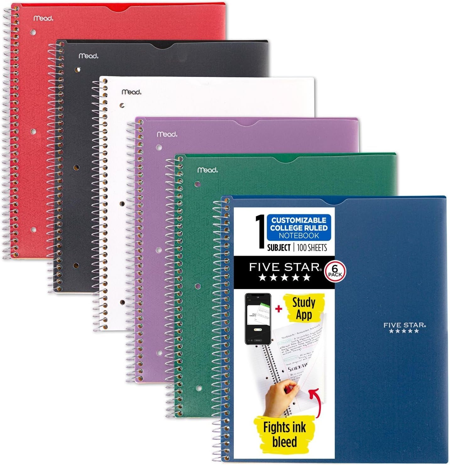 Spiral Notebooks + Study App, 6 Pack, 1 Subject, College Ruled, 8-1/2" X 11", 100 Sheets, Customizable Cover, Fire Red, Forest Green, Pacific Blue, Amethyst Purple, White, Black (820045-ECM)