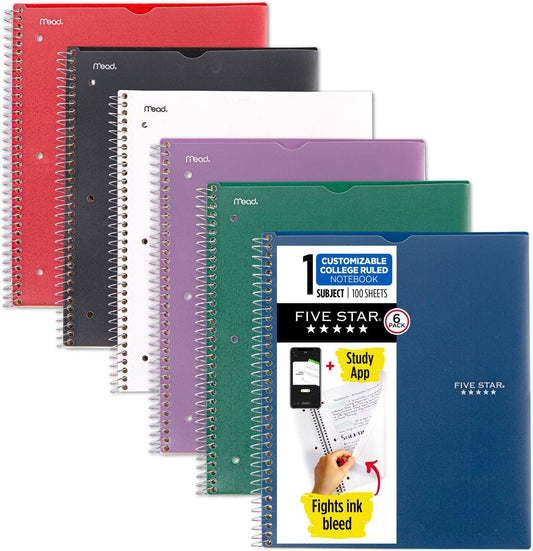 Spiral Notebooks + Study App, 6 Pack, 1 Subject, College Ruled, 8-1/2" X 11", 100 Sheets, Customizable Cover, Fire Red, Forest Green, Pacific Blue, Amethyst Purple, White, Black (820045-ECM)