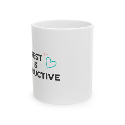 Rest Is Productive | 11oz Ceramic Coffee Mug for Anti-Hustle Self Care | Galentine’s, Friends & Family | Cozy Neutral Aesthetic