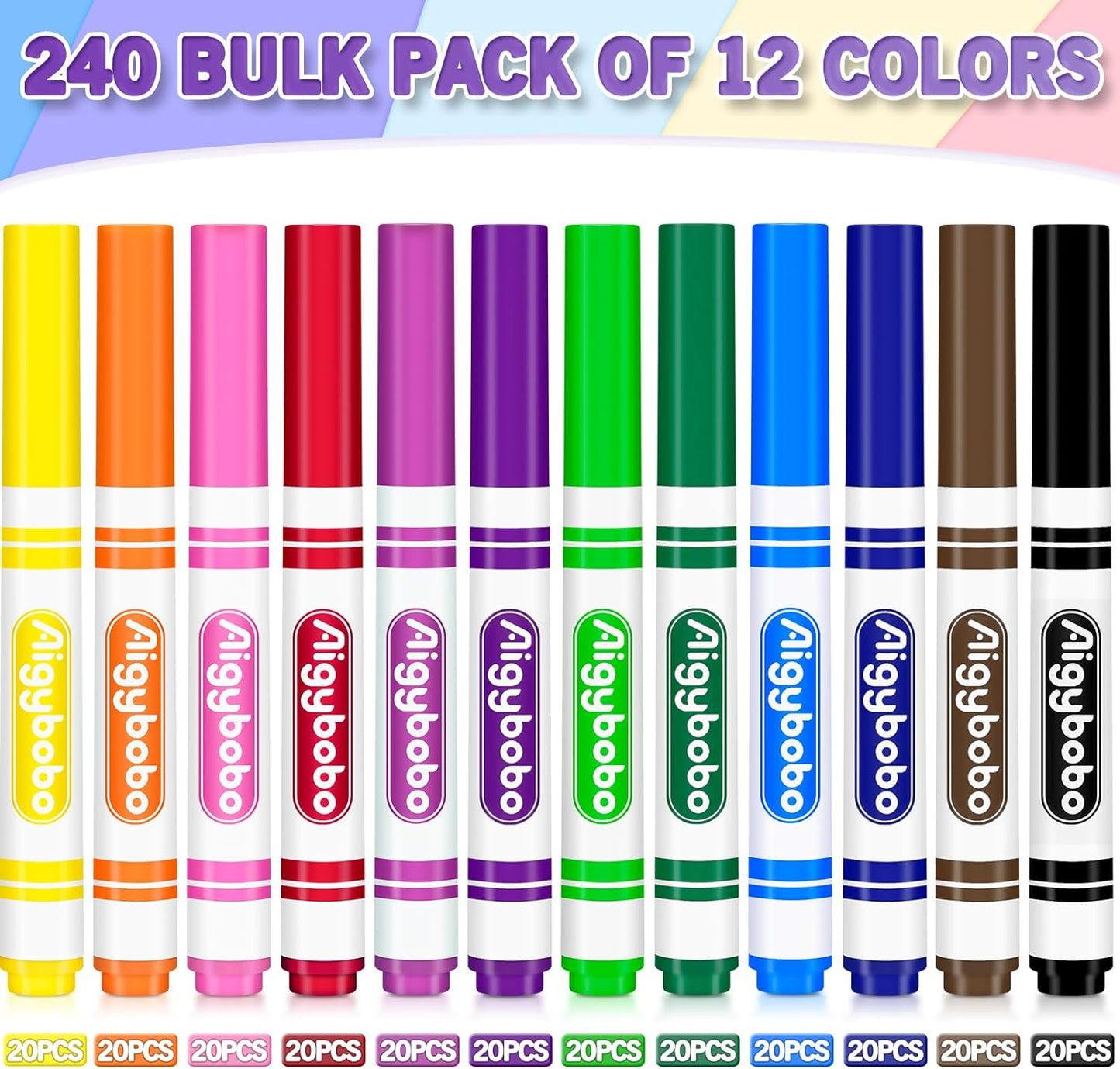 240 Count Washable Markers Bulk, 12 Assorted Colors, Broad Line Conical Tip Coloring Markers for Kids, Markers Bulk Pack for Classroom, School Art Supplies & Back to School Supplies