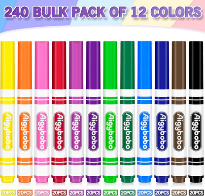 240 Count Washable Markers Bulk, 12 Assorted Colors, Broad Line Conical Tip Coloring Markers for Kids, Markers Bulk Pack for Classroom, School Art Supplies & Back to School Supplies