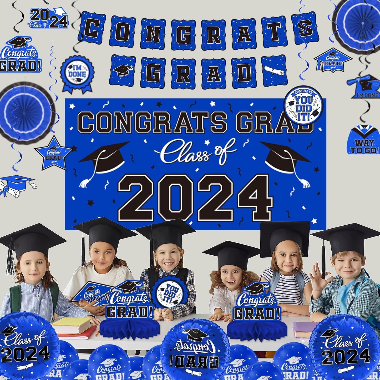 Blue Themed 2024 Graduation Decorations Set - Congrats Grad Banner, Class of 2024 Backdrop, Balloons & Streamers Kit - Complete Party Supplies for High School & College Celebrations