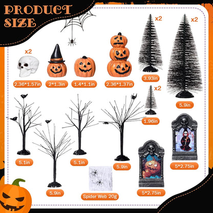 19 Pcs Halloween Village Accessories Set Miniature Halloween Figurines Houses Ornaments Bare Branches LED Tombstones Skeleton Pumpkin Statues Fake Spiders Halloween Party Decor