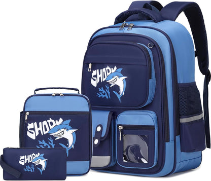 3PCS Boys Backpack, Kids Backpack for Boys with Lunch Box Pencil Case, Cool Shark Backpack for Boys, Schoolbag Bookbag for Kindergarten Elementary Middle High School