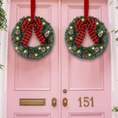 2 Pack Pre-Lit Christmas Wreath, 14 Inch Buffalo Check Bowknot Wreath with String Lights Pinecones Red Berries, Artificial Front Door Wreath for Xmas Hanging Decor, with Timer