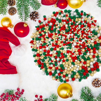 1200 Pieces Christmas Pom Pom Tinsel Glitter Pom Pom Balls for Crafts and Decorations(4 Sizes, Gold, White, Red, Green)