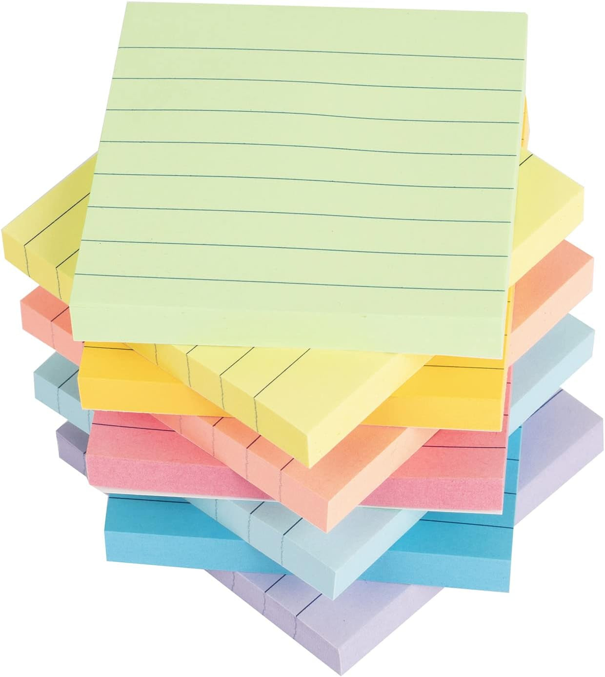 Lined Sticky Notes 3X3 in Bright Ruled Post Stickies Colorful Super Sticking Power Memo Pads, 82 Sheets/Pad, 8 Pads/Pack