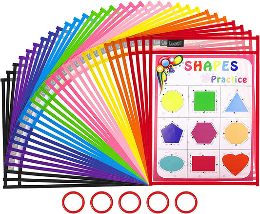 Dry Erase Pockets 30 Pack with Rings - Oversized Reusable Plastic Sleeves Shop Ticket Holders Sheet Protectors Teacher Supplies for Classroom Organization (Colorful)