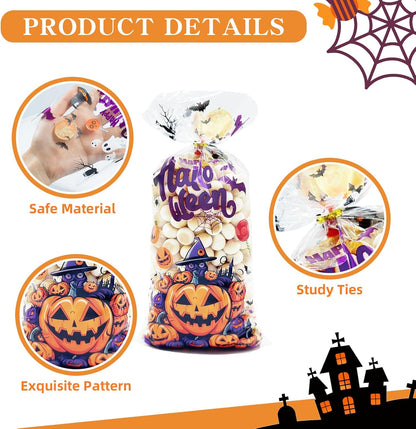 Halloween Cellophane Treat Bags, 180Pcs Halloween Trick or Treat Goody Gags with 200Pcs Twists for Snacks Cookies Packing, Halloween Goodie Bags Party Supplies