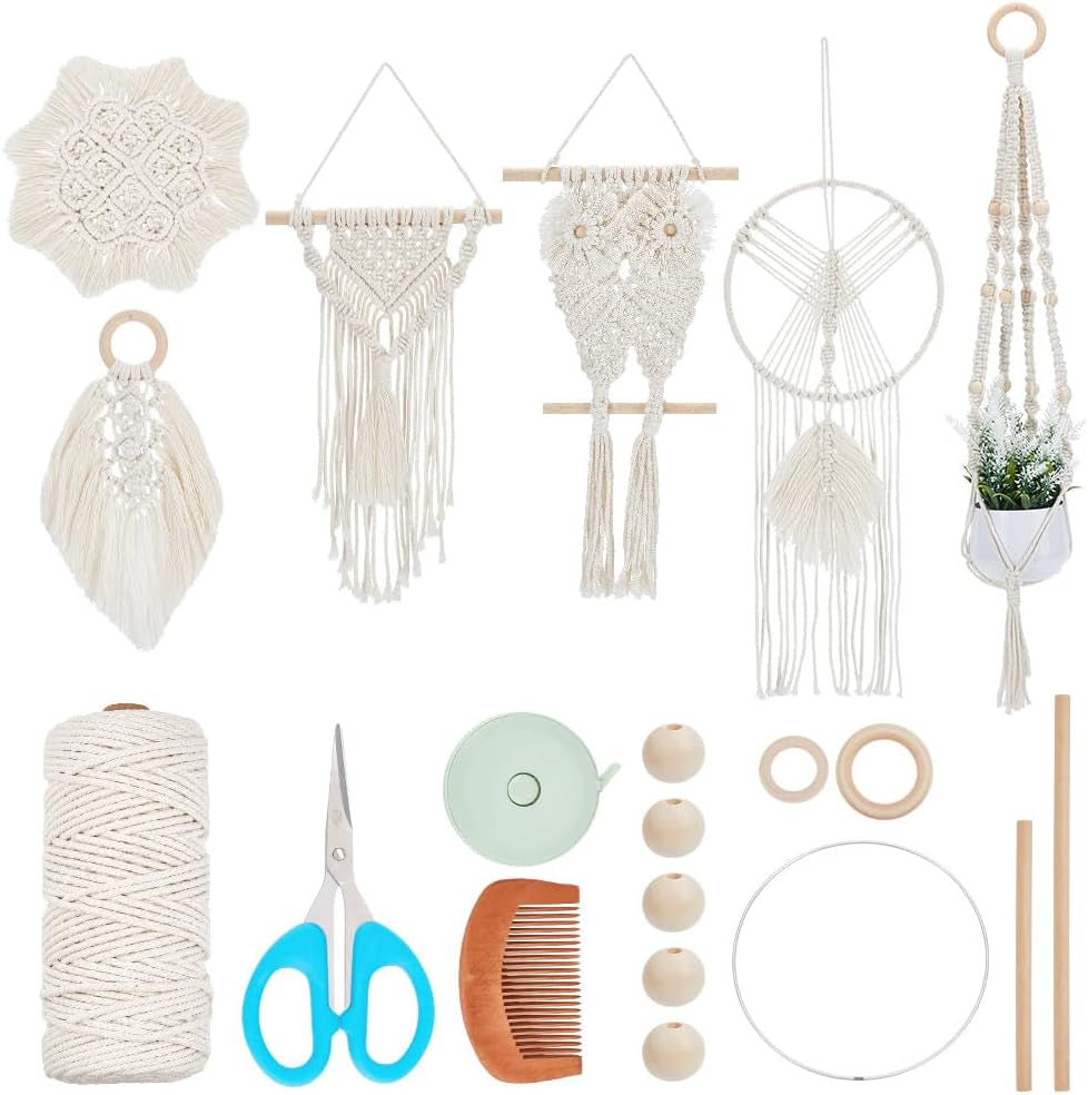 8 in 1 DIY Macrame Kit All in One Macrame Kits for Adults Beginners White Macrame Wall Hanging Ornaments for Decoration Easy Macrame Keychain Kits Macrame Plant Hanger Kit with Instruction