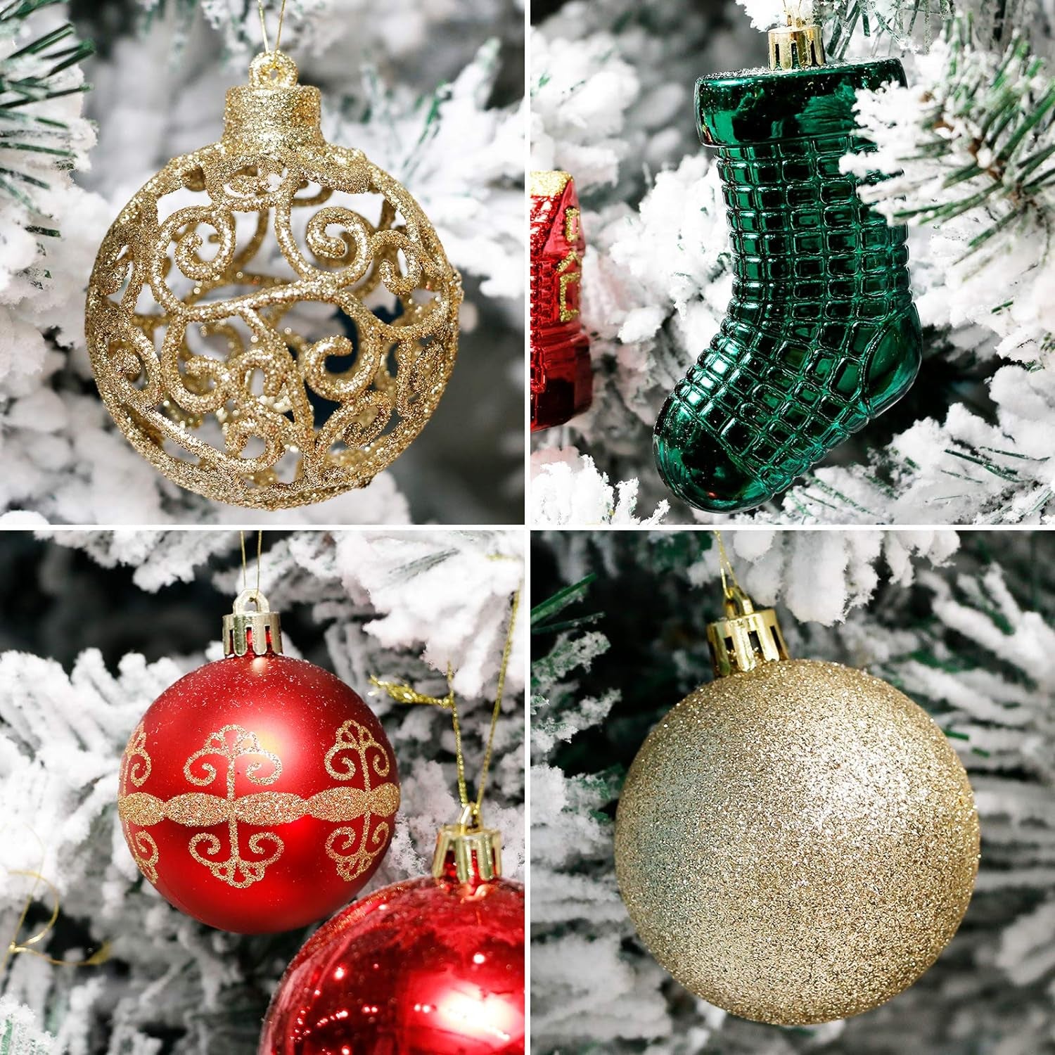 Christmas Tree Ornament, 132Pcs Christmas Tree Decoration Set Red Green Gold Christmas Ball Shatterproof Hanging Tree Ornament Assortment Set