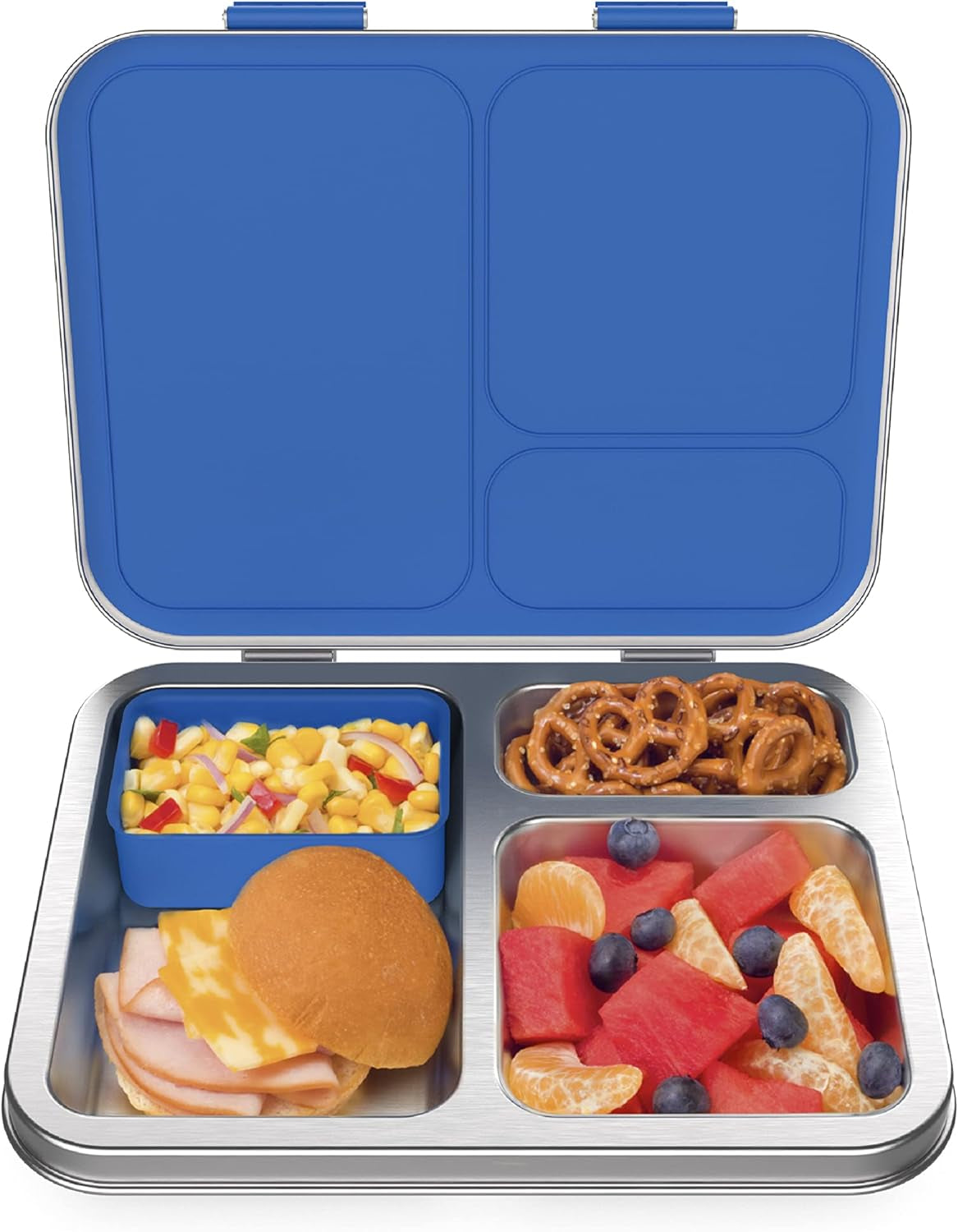 ® Kids Stainless Steel Leak-Resistant Lunch Box - Bento-Style Redesigned in 2022 W/Upgraded Latches, 3 Compartments, & Extra Container - Eco-Friendly, Dishwasher Safe, Patented Design (Blue)