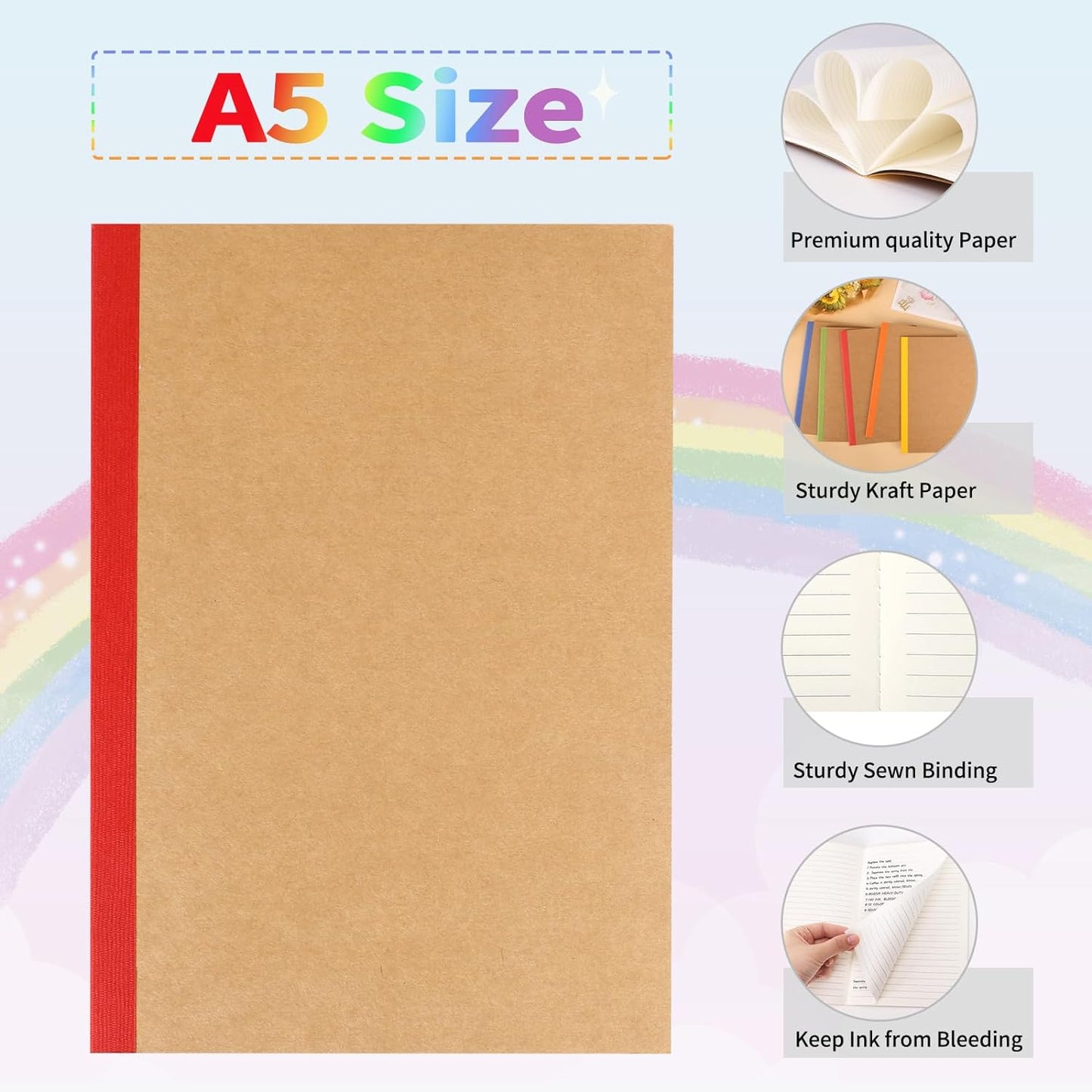 60 Pack A5 Kraft Notebooks, Composition Notebooks Lined Journal Bulk, 15 Colors with Rainbow Spines, 60 Pages for Kids Women Girls, School Office Supplies