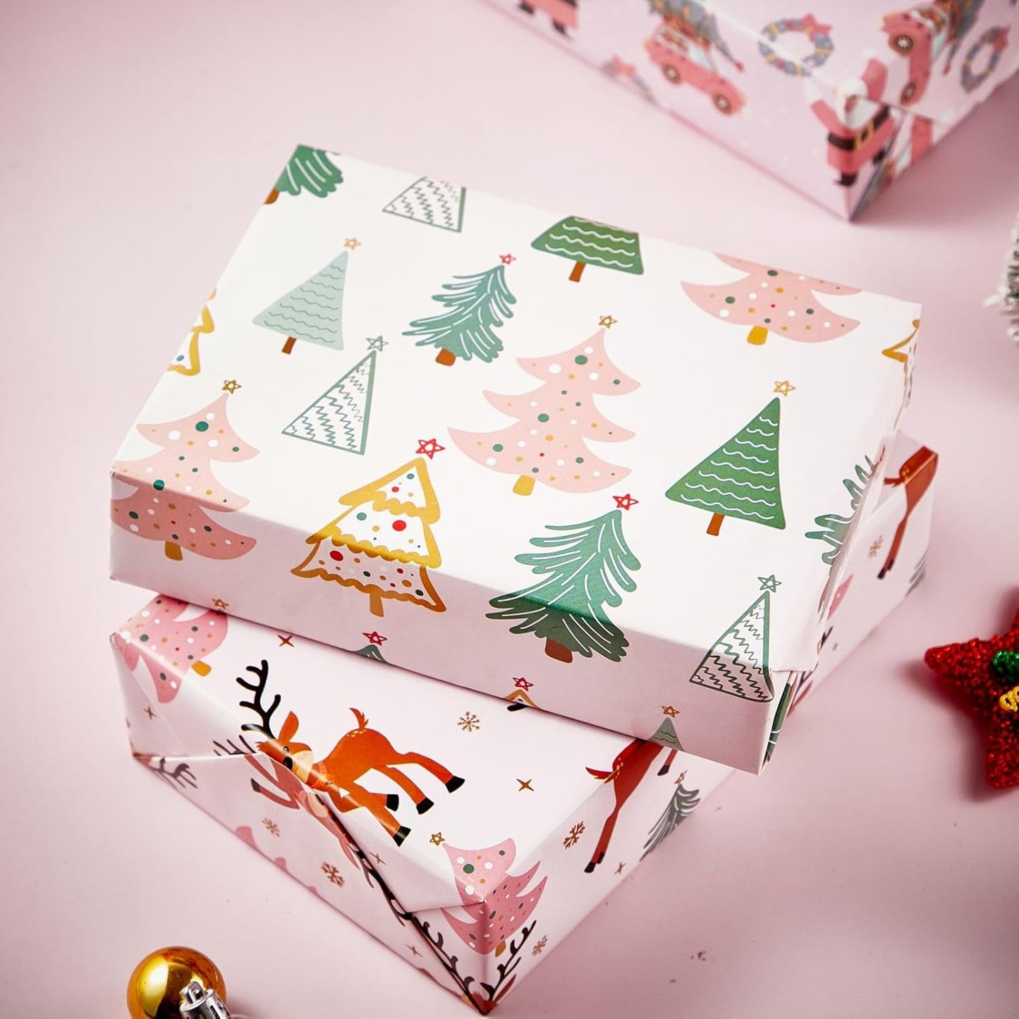 Pink Christmas Wrapping Paper for Boys Girls Kids - Cute Xmas Gift Wrap with Santa Christmas Tree Reindeer Design for Christmas Holiday Party Celebration - 20 X 28Inches per Sheet(8 Pack)