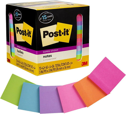 Super Sticky Notes, Assorted Bright Colors, 3X3 In, 15 Pads/Pack, 45 Sheets/Pad, 2X the Sticking Power, Recyclable, Multi-Color