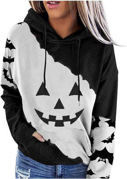 Halloween Hoodie for Women 2024 Scary Pumpkin Printed Long Sleeve Sweatshirts Pullover Cute Costumes with Pockets