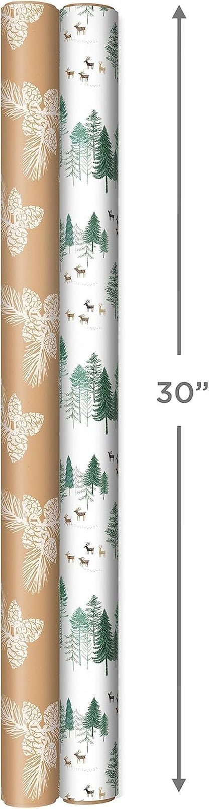 Christmas Wrapping Paper Rolls - Green Trees, White Pine Cones on Recyclable Brown Kraft Gift Wrap Paper (Set of 2 Rolls: 150 Sq. Ft. Ttl.) for Holiday Parties, Winter Weddings