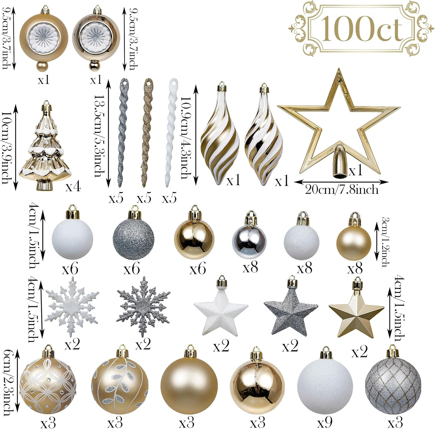 Christmas Ball Ornaments, 100Ct White and Gold Shatterproof Christmas Tree Decorations Set, Elegant Hanging Ornaments for Xmas Trees Bulk Holiday Decor