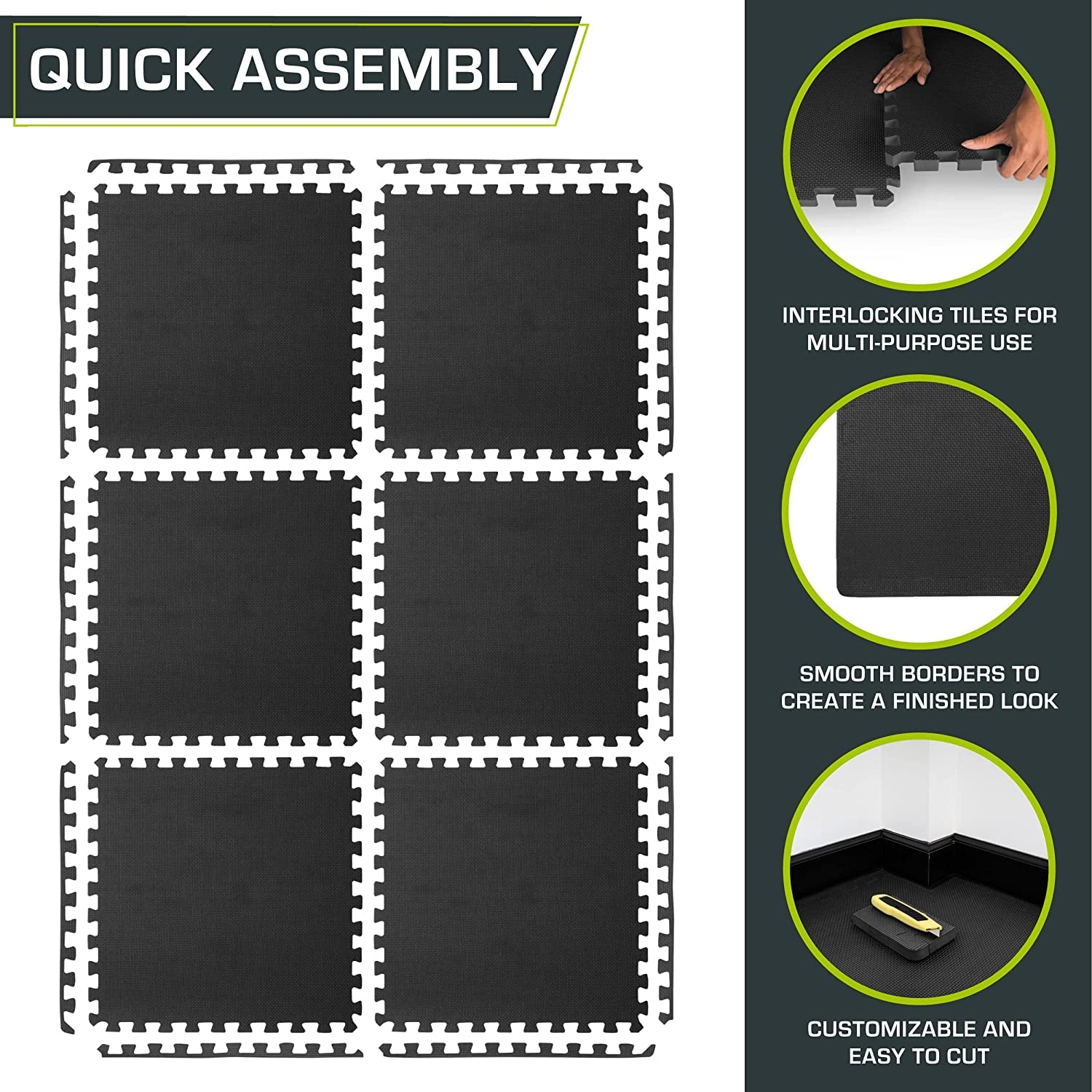 Extra Thick Puzzle Exercise Mat 1", EVA Foam Interlocking Tiles for Protective, Cushioned Workout Flooring for Home and Gym Equipment, Grey 3-Pack