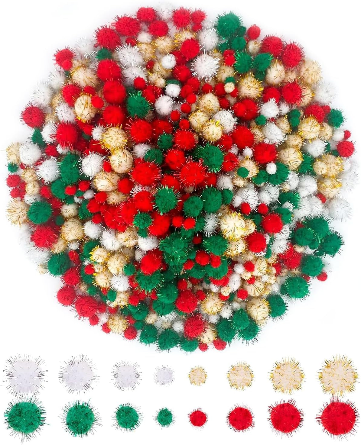 1200 Pieces Christmas Pom Pom Tinsel Glitter Pom Pom Balls for Crafts and Decorations(4 Sizes, Gold, White, Red, Green)