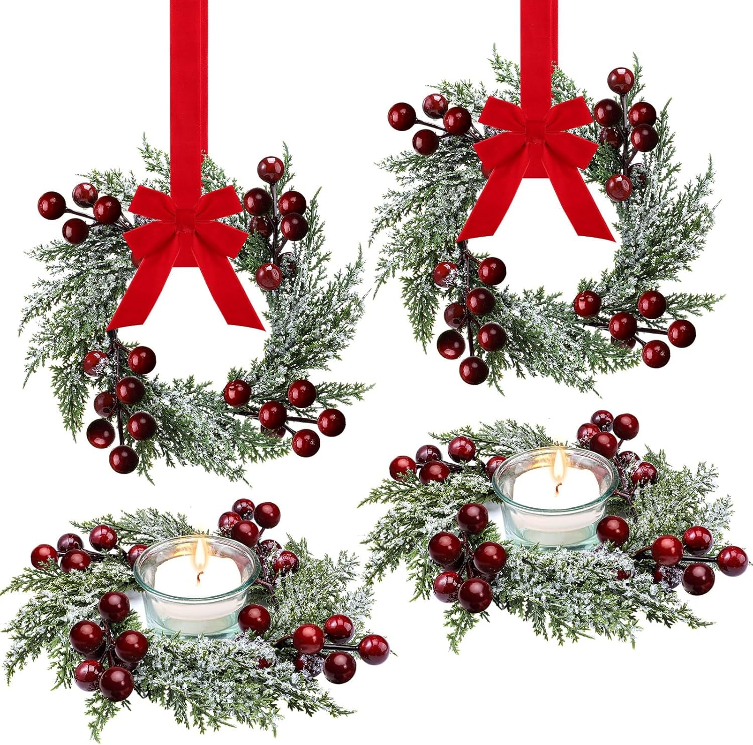 Christmas Candle Rings Mini Christmas Wreath Artificial Red Berries and Pinecones Pillars Candle Rings Kitchen Cabinets Small Wreaths Decor for Christmas Window Table Farmhouse Decoration(6 Pieces)