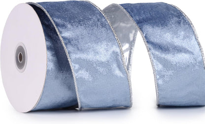 Dusty Blue Velvet Ribbon Wired 2.5" X 10 Yards Blue Christmas Ribbon with Silver Backside, Blue and Silver Wired Ribbon for Christmas Tree, Wreaths, Topper Bows, Crafts, Gift Wrapping