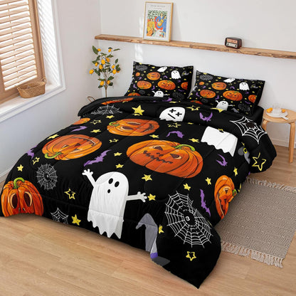 Pumpkin Comforter Set King Size Halloween Comforter Set Girls Boys Kids Cute Orange Pumpkin and White Ghost Printed Design Halloween Bedding Set 4 Pieces Candy and Pumpkin Bedding Sets