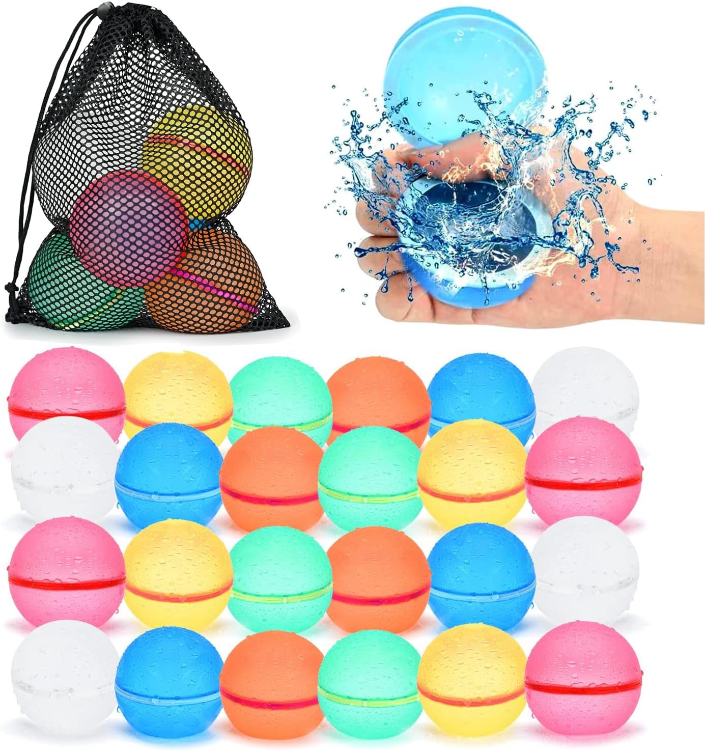 Reusable Water Balloons 12Pcs with Mesh Bag, Self Sealing Silicone Ball Latex-Free, No Clean Hassle, Easy to Fill, Summer Toys Water Toy Swimming Pool Beach Park Yard Outdoor Games Party Supplies