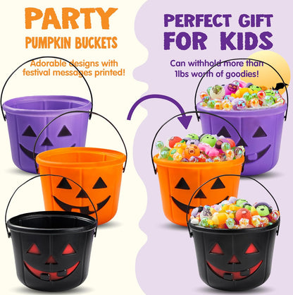 Halloween Trick or Treat Pumpkin Bucket, Orange Plastic Candy Bucket for Trick or Treating, Black Purple Jack O Lantern Basket and Pails with Handle for Kids Halloween Party Favor Supplies