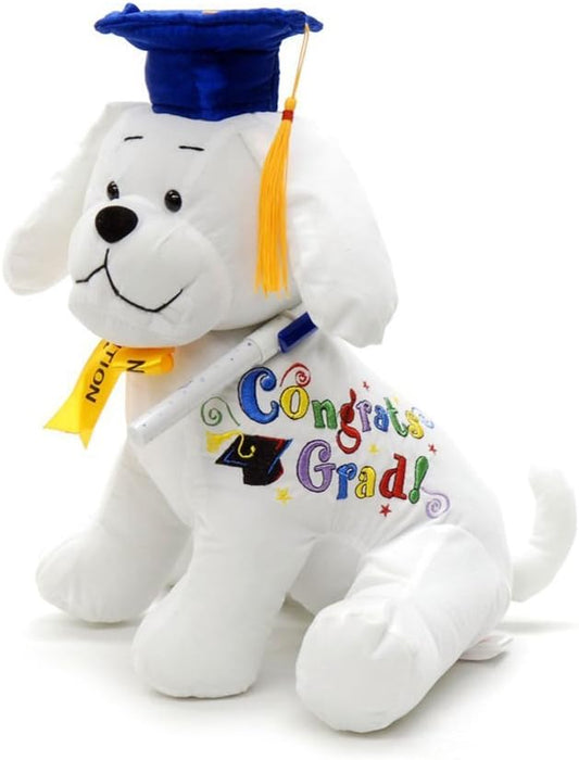 Graduation Autograph Stuffed Dog with Pen, Blue Hat - Congrats Grad! 10.5"
