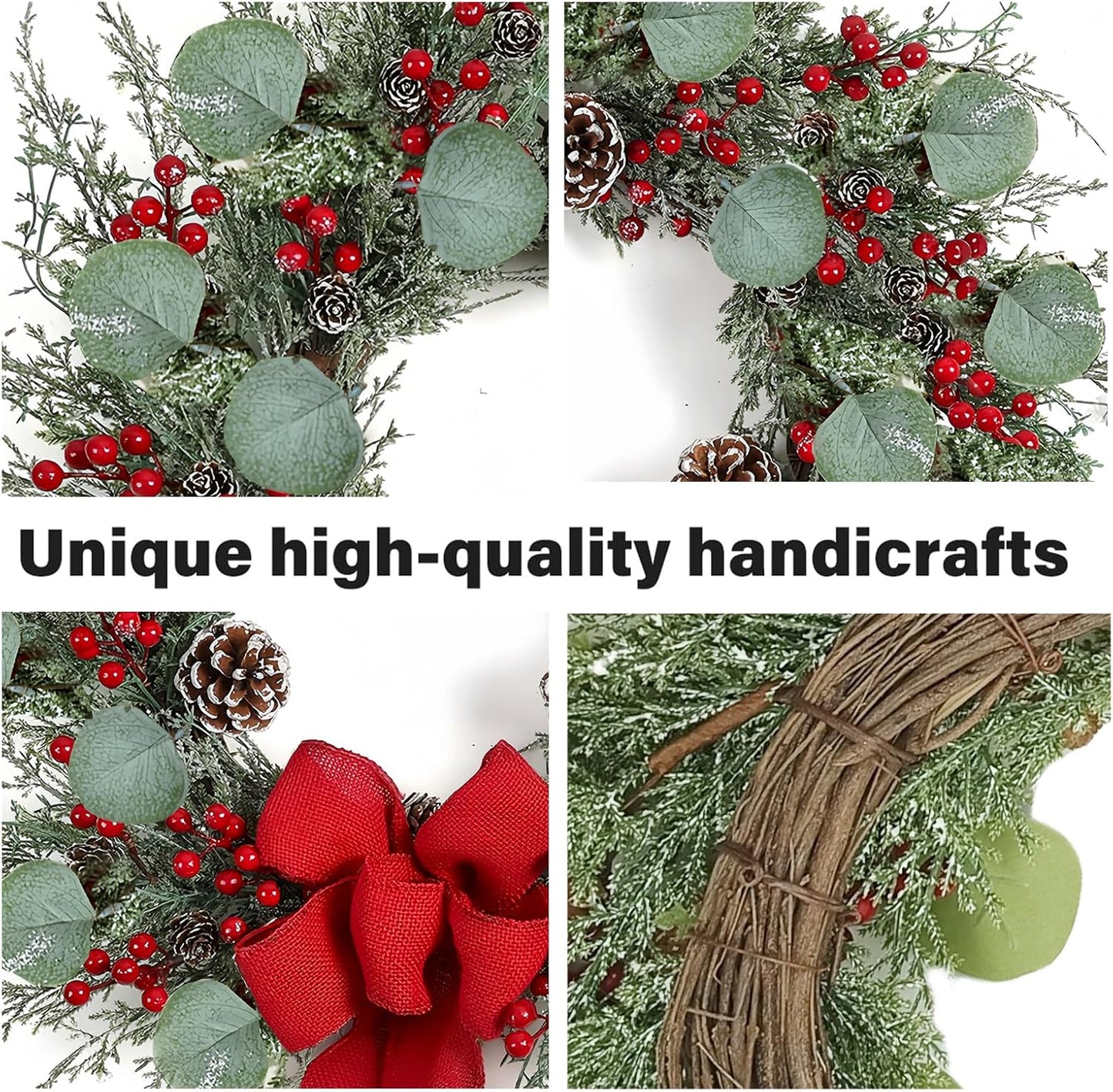 20 Inch Artificial Christmas Wreath Christmas Wreaths for Front Door with Pine Needles Pine Cones Red Berries Eucalyptus Leaves Red Bow for Home Office Wall Window Fireplace Winter Holidays