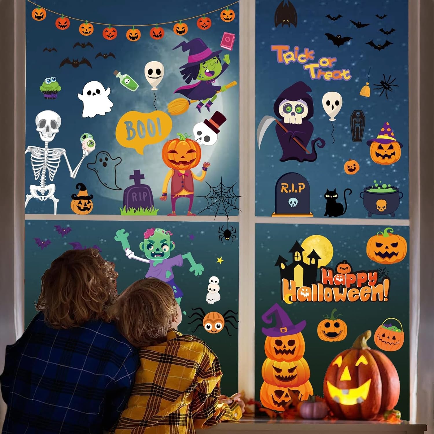 Halloween Decorations 743 PCS Halloween Window Clings, 10 Sheets Cute Halloween Window Decorations, Large Halloween Window Stickers Double-Sided Removable Window Decals, for Kids Party Decorations