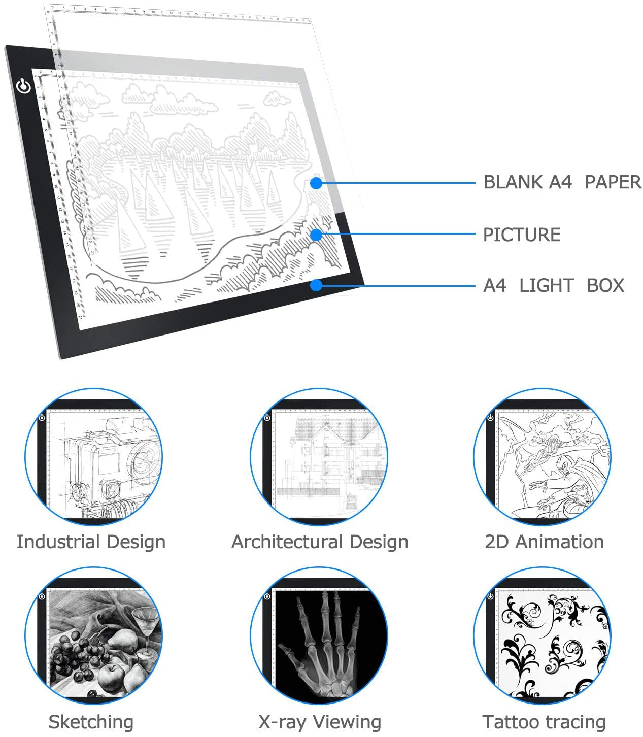 A4 LED Copy Board Light Tracing Box, Ultra-Thin Adjustable USB Power Artcraft LED Trace Light Pad for Tattoo Transferring, Drawing, Streaming, Sketching, Animation, Stenciling