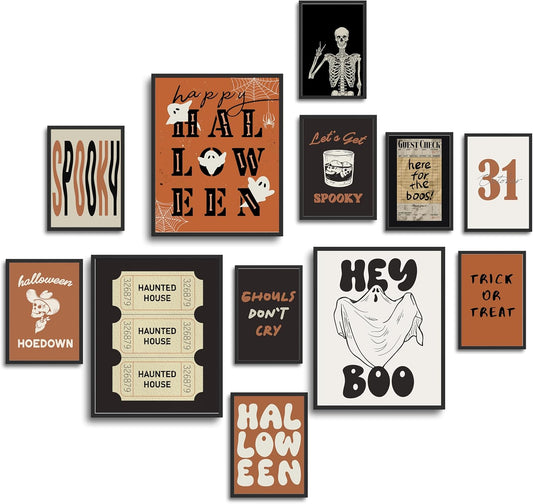 Vintage Halloween Room Decor, Trendy Horror Spooky Gallery Wall Art for Home, Orange and Black Boo Posters, Retro Ghosts Skeleton Prints (Multi Sizes, 8" X 10" Largest, Set of 12, UNFRAMED)