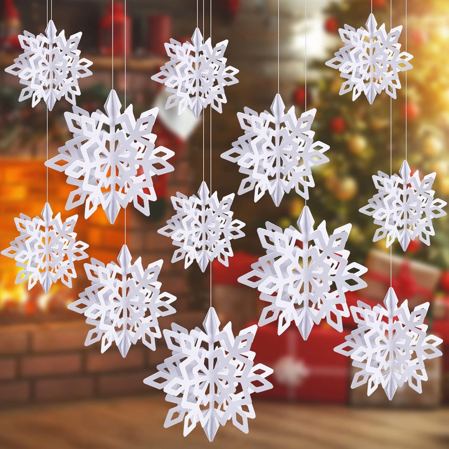 12PCS Christmas Hanging Snowflake, 3D Iridescent Snowflake Decorations, Garland Glittery Hanging Snowflake Ornaments for Christmas Tree Winter Wonderland Decorations Indoor Outdoor