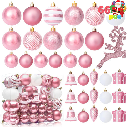 66 Pcs Christmas Assorted Ornaments, Shatterproof Christmas Ornaments for Holidays, Party Decoration, Tree Ornaments, Events, and Christmas (Pink)