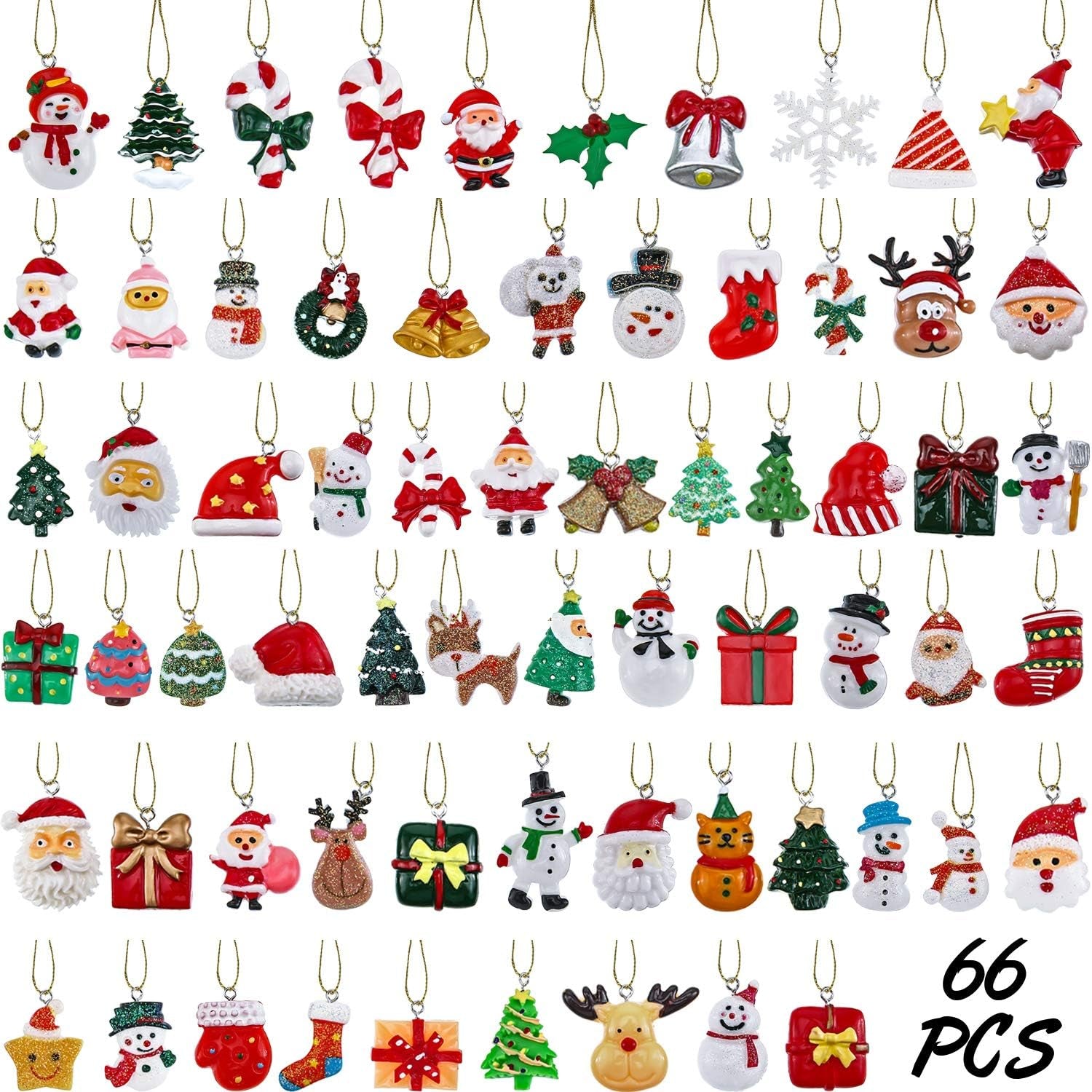 66 Pieces Mini Resin Christmas Ornaments Miniature Tiny Christmas Tree Ornament Figures with 65.6 Feet Gold Embroidery Thread for Christmas