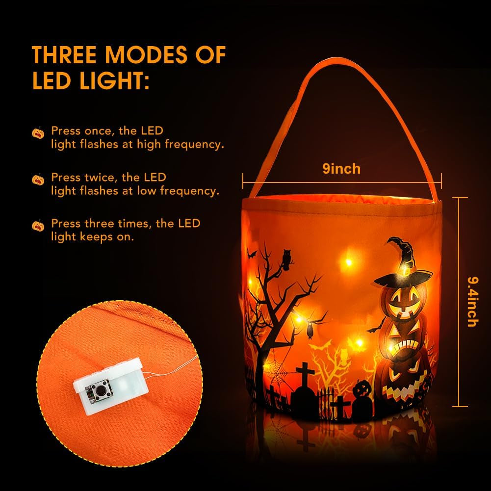 2 Pieces Halloween Candy Bucket with LED Light Trick or Treat Bags Halloween Bakset Reusable Pumpkin Candy Baskets Tote Bag for Kids Party Supplies Favors