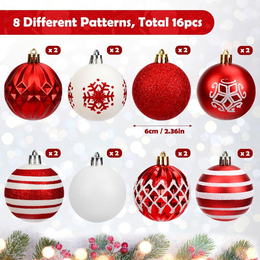 16PCS Christmas Ball Ornaments, 2.36 Inch Red and White Christmas Tree Ornaments with Glittering, Shatterproof Baubles for Christmas Tree Decorations, Wreaths, Garlands