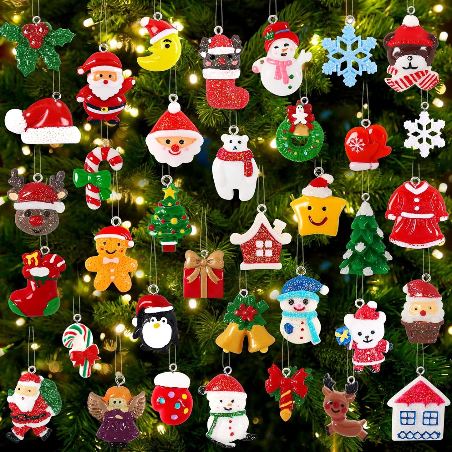 36Pcs Mini Christmas Ornaments Resin Set for Christmas Tree Decoration,Christmas Small Resin Miniature Figurines for Christmas Hanging Ornaments Decoration