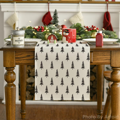 Black Xmas Tree Christmas Table Runner, Seasonal Winter Kitchen Dining Table Decoration for Home Party Decor 13X72 Inch