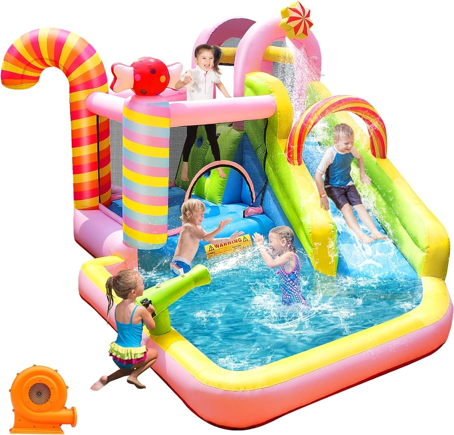 Inflatable Bounce House Water Slide, 6 in 1 Sweet Candy Water Park, Wet Dry Combo Bouncy Castle with 450W Blower, Splash Pool, Water Slide for Kids and Adults Backyard Party Gifts