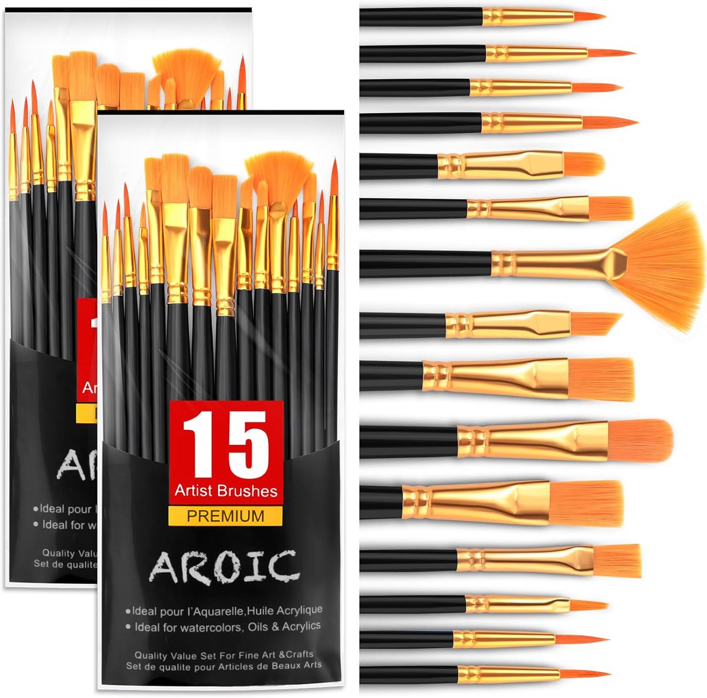 Acrylic Paint Brush Set, 15 Pcs Nylon Hair Paint Brushes for All Purpose Oil Watercolor Face Body Rock Painting Artist, Small Paint Brush Kits for Kids Adult Drawing