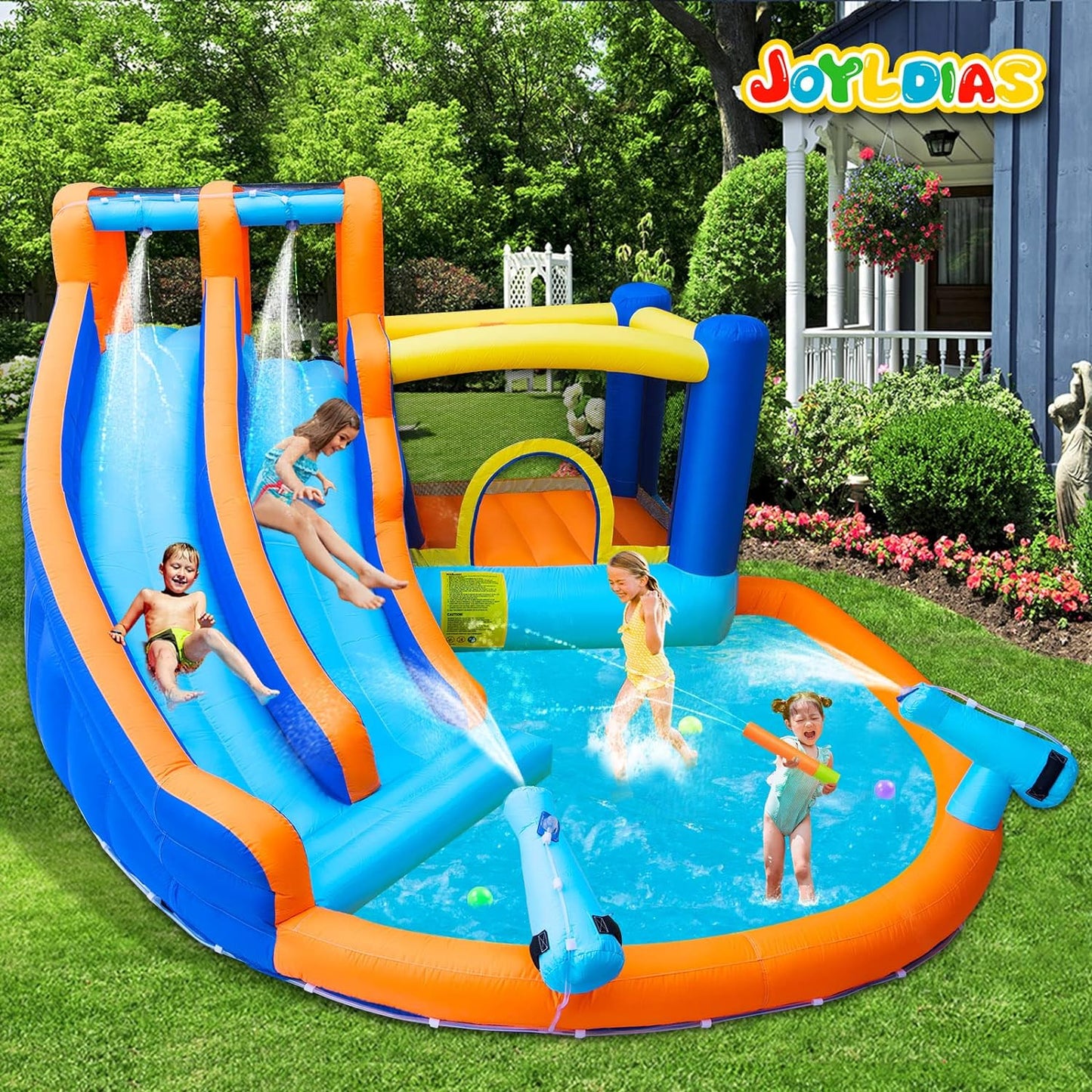 Inflatable Water Slide Bounce House,Giant Water Park, Double Slide Bouncer Castle W/Splash Pool, Jump Area, Climbing Wall, 550W Air Blower for Kids Backyard Indoor Outdoor Use,Free Water Gun